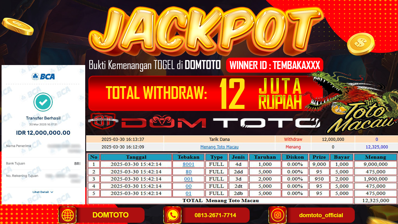 JACKPOT TOGEL TOTOMACAU 30 MARET 2025